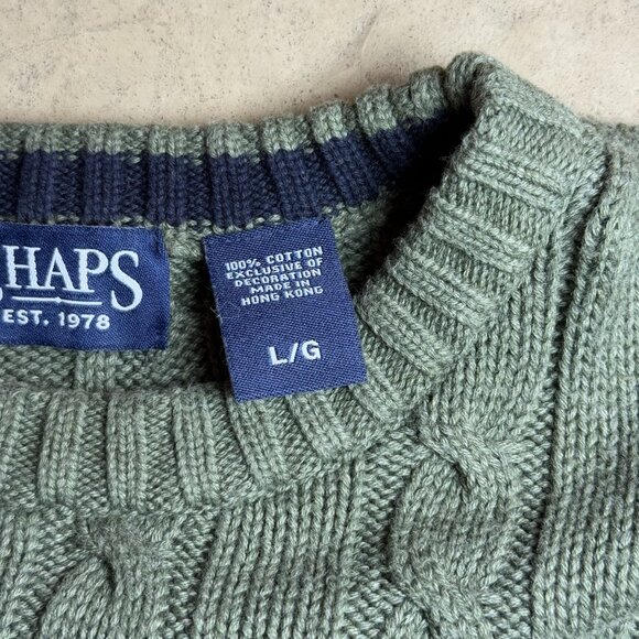 Vintage 90s Chaps Men’s Sweater Large Green Cable Knit 100% Cotton Crewneck - Picture 4 of 7